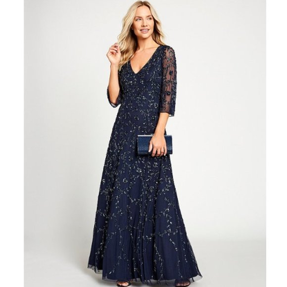 NWT $550 AIDAN MATTOX Fully Beaded V-neck Gown - Picture 14 of 16